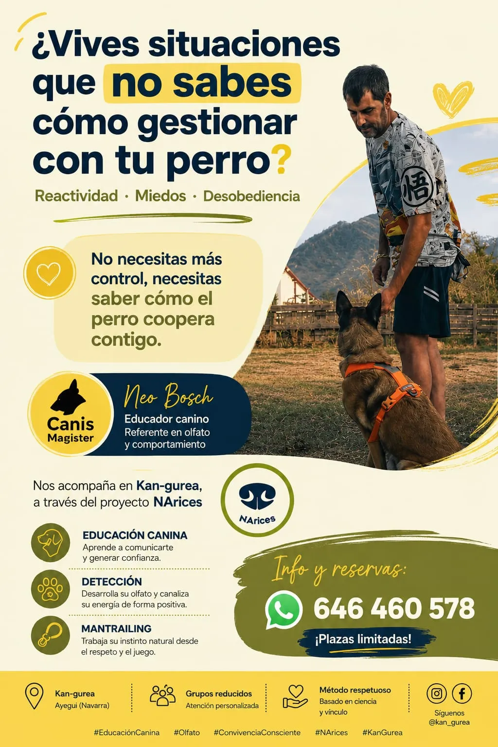 Cartel del curso de educación canina, detección y mantrailing con Neo Bosch, del proyecto NArices, en Kan-gurea. Plazas limitadas, información y reservas por WhatsApp al 646 460 578.