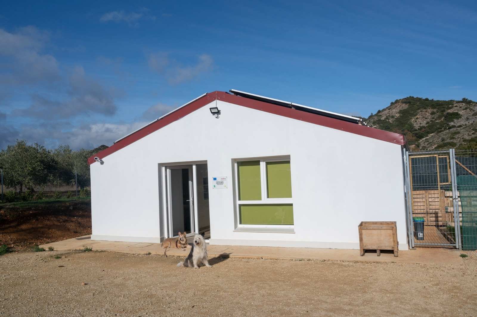 Edificio blanco de las instalaciones con tejado granate y dos perros tumbados en la entrada.
