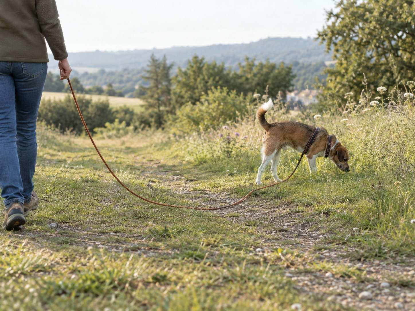 Una persona pasea a un perro pequeño por un camino de hierba con una correa larga y fina que cae holgada hasta el suelo, mientras el perro olfatea el borde del camino.