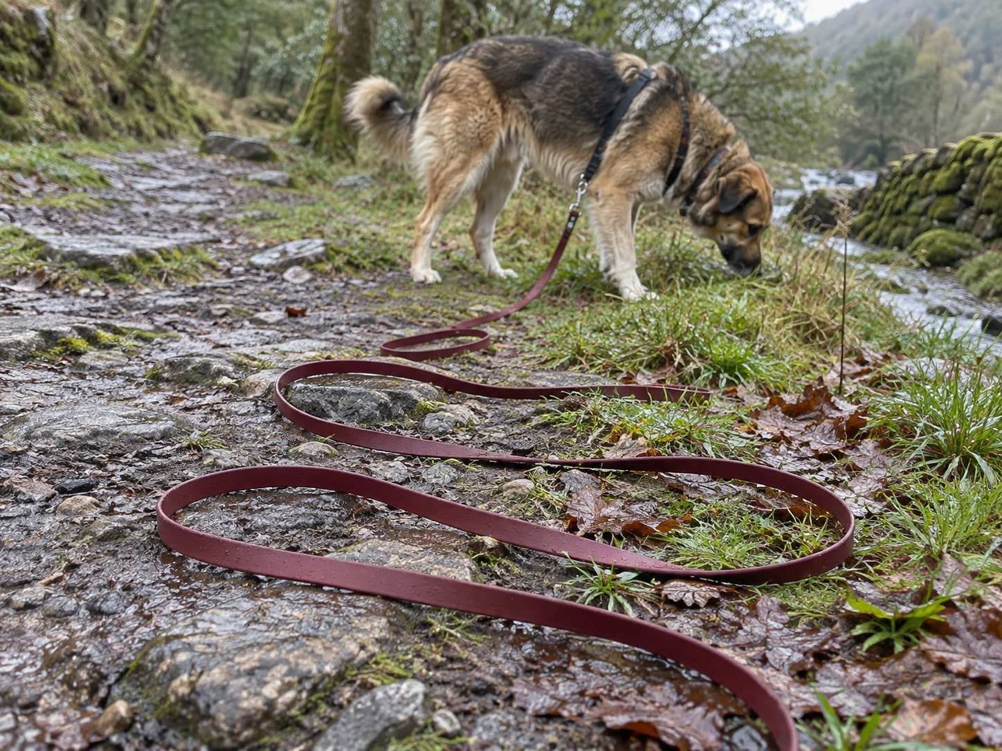 Una correa larga y plana de color granate extendida en curvas sobre un sendero de piedras mojadas, mientras un perro grande olfatea la hierba al fondo.