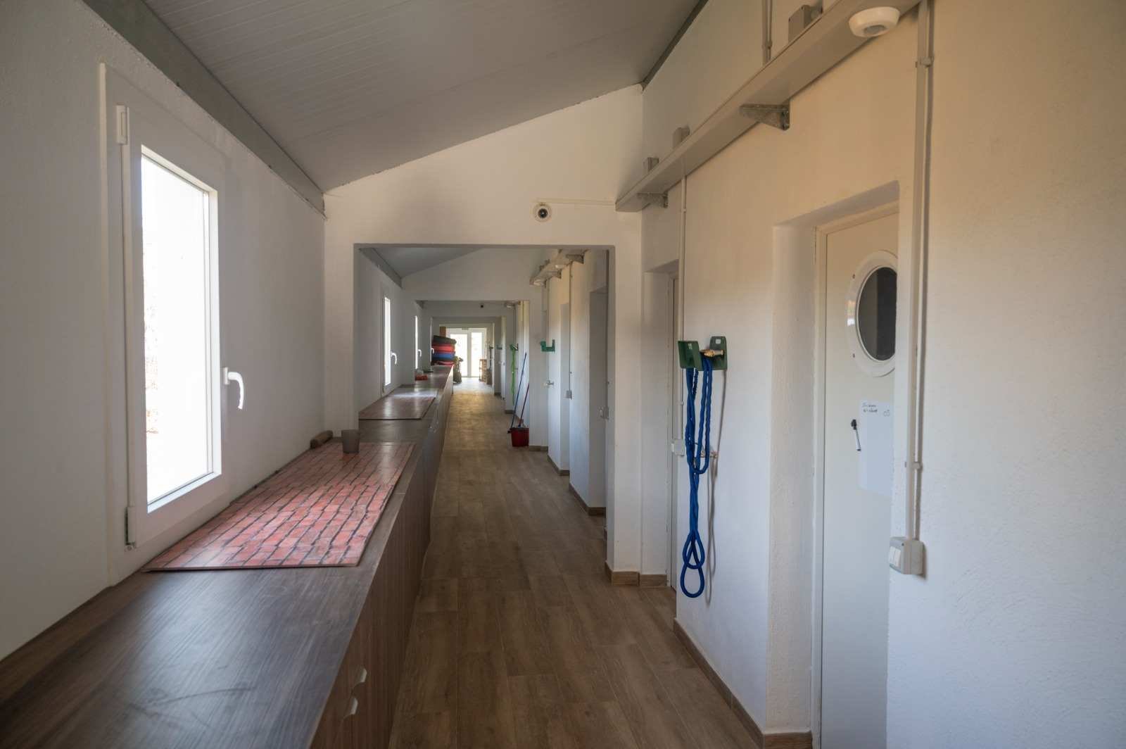 Pasillo interior de las instalaciones, con encimera de trabajo, ventanas y puertas de los cheniles.